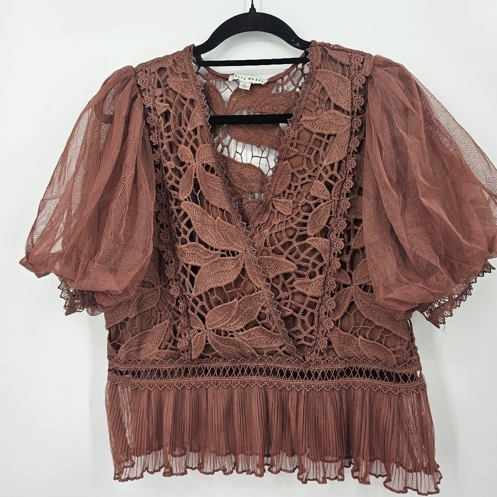 Haute Monde Rust Crochet Puff Sleeve Blouse